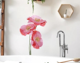 Pink Poppy & Anemone Watercolor Wall Stickers – Removable Floral Wall Decals for Girls Nursery, Kids Room Modern Home Decor