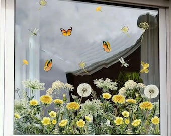 Wildflower & Butterfly Window Clings – Static-Cling Dandelion and Dragonfly PVC Stickers, Non-Adhesive Removable Decor for Girls’ Rooms