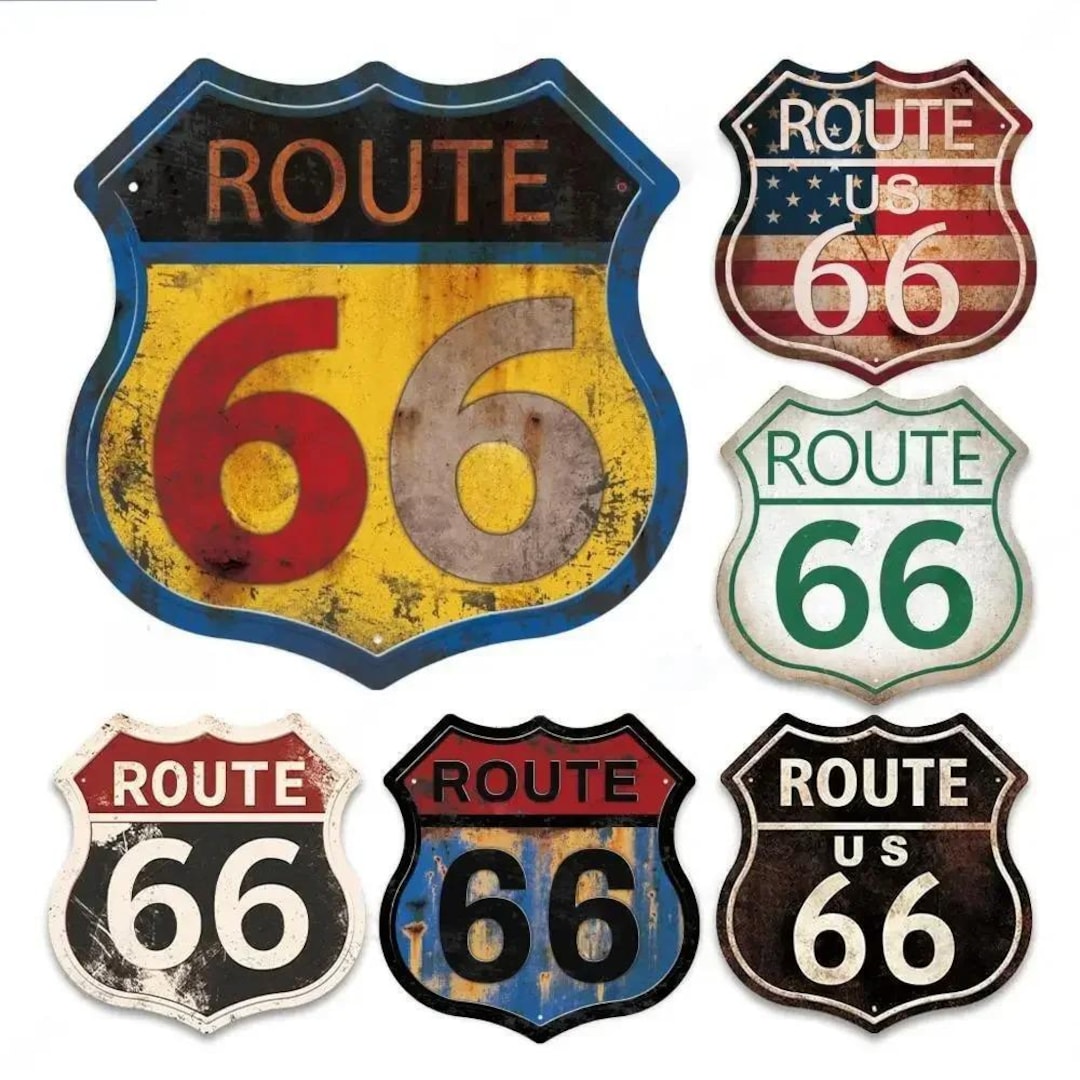 Vintage Route 66 Metal Tin Sign – Rustic Shield Wall Decor for Garage ...