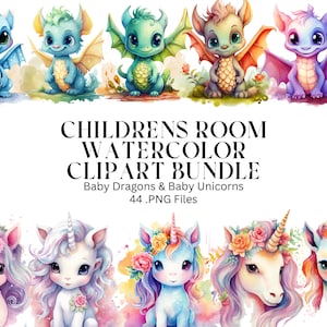 44 Baby Dragons & Baby Unicorn children&#39;s room watercolor clipart PNG bundle, commercial use, digital download, planner, Sublimation, décor