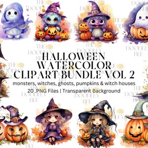 Halloween watercolor clipart PNG bundle, commercial use, digital download, instant download, digital planner, Sublimation, Home décor, print