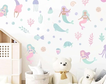 Cartoon Mermaid Wall Stickers – Underwater World Decals for Girls' Room, Nursery & Kids Bedroom Decor Cute Cartoon Stickers for Girls