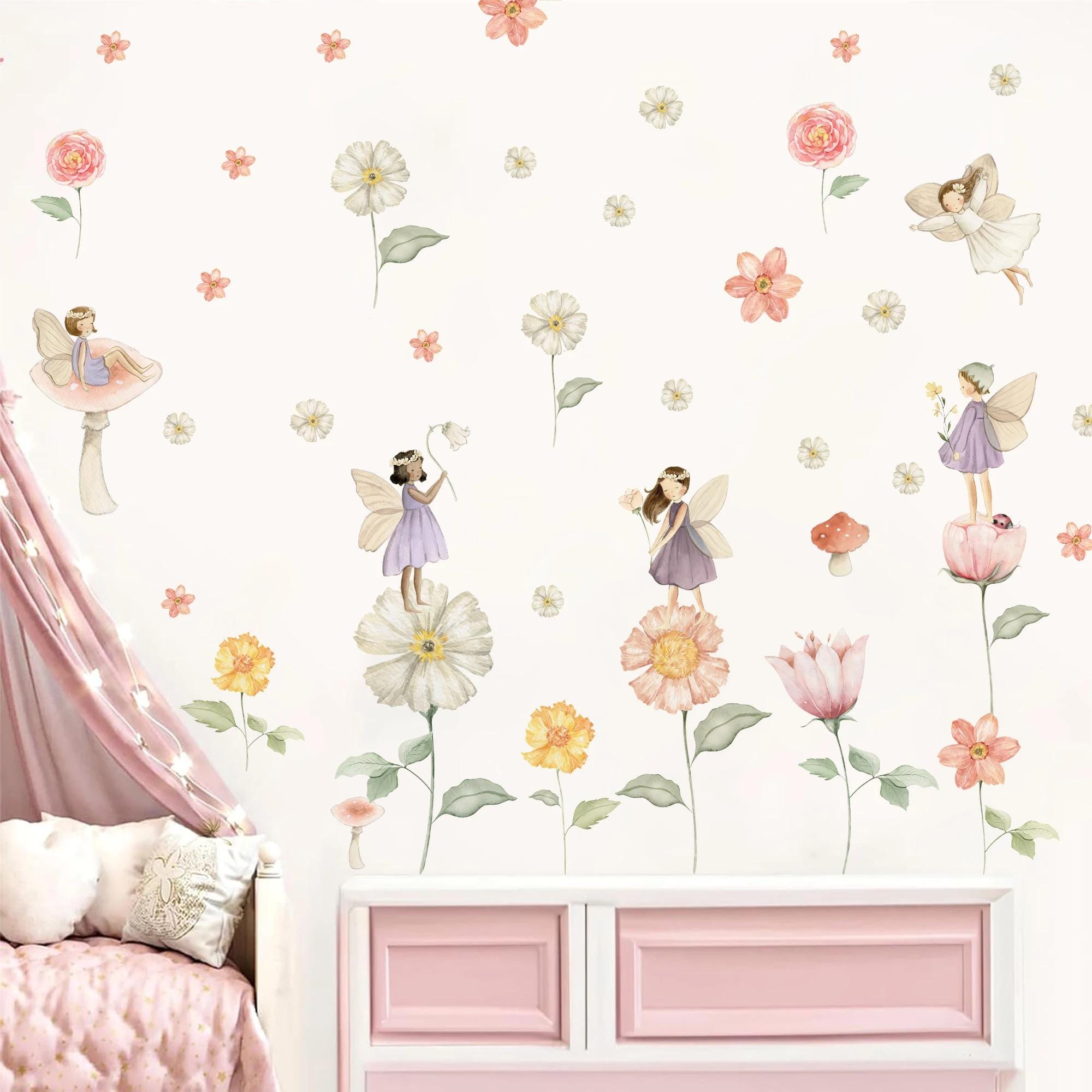 Boho Fairy Garden Wall Sticker – Watercolor Flower Fairies Vinyl Decal ...