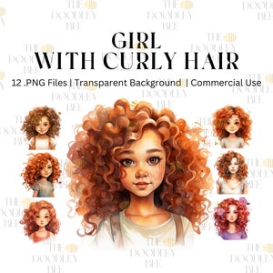 Curly Hair Girl Watercolor Clipart Bundle, Transparent PNG, Digital Download, Junk Journal Scrapbooking,Fashion illustration, Commercial Use