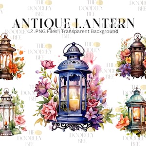 Clipart de lanterne antique d'aquarelle, jardin magique, lanterne de conte de fées avec le paquet de clipart de fleurs, clipart de verdure, scrapbook Rose, pivoine 12