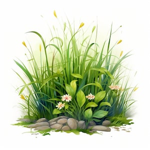 12 Paquete PNG de imágenes prediseñadas de primavera de hierba de acuarela, imágenes prediseñadas florales, jardín de campo, floración, flores de verano, uso comercial gratuito.