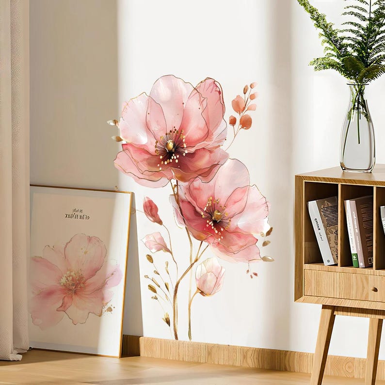 Elegant Pink Watercolor Flower Wall Sticker With Gold Line – PVC Floral ...