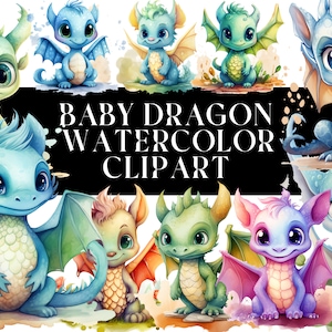 Digitale download 20 babydraak aquarel clipartbundel voor commercieel gebruik-klein zakelijk gebruik PNG, aquarel, draken, kinderkamer
