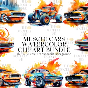 16 pacchetto PNG di clipart dell'acquerello di American Muscle Cars, uso commerciale, download digitale, trasparente, pianificatore digitale, sublimazione, arredamento