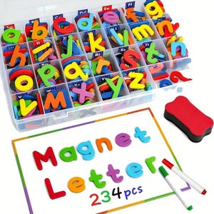 May include: A clear plastic storage box containing a set of colourful magnetic letters. The letters are in various colours and sizes. A whiteboard with the words "Magnet Letters" and "234 pcs" is in the foreground, along with a red eraser and two markers.