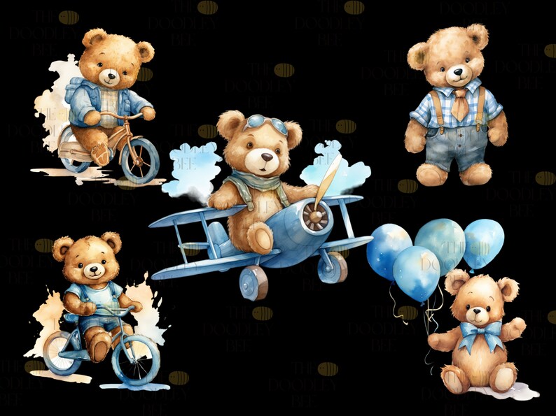 Watercolor Teddy Bear Clip Art Clipart Pack, Baby Shower for a Boy ...