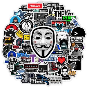 May include: A collection of hacker-themed stickers with various designs and text. The stickers feature a Guy Fawkes mask, hooded figures, and phrases like "Cyber Security," "Hacker," and "Gone Phishing." The stickers are in various colors and shapes.