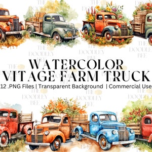 Watercolor vintage farm truck 12 clipart PNG bundle, commercial use, digital download, transparent, digital planner, Sublimation, Home décor
