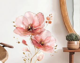 Elegant Pink Watercolor Flower Wall Sticker with Gold Line – PVC Floral Decal for Bedroom, Living Room, Girls Room Entryway – Home Decor