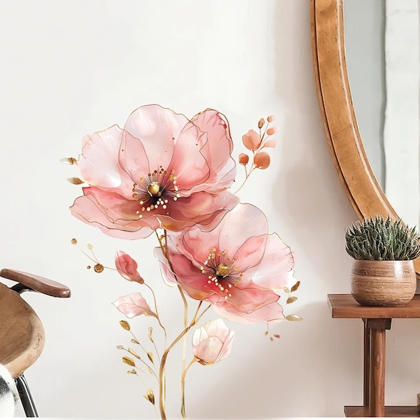 Elegant Pink Watercolor Flower Wall Sticker with Gold Line – PVC Floral Decal for Bedroom, Living Room, Girls Room Entryway – Home Decor