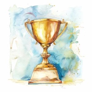 Aquarell Gold Trophy Clipart, 12 hochwertige PNGs | Digitaler Download | Nummer Eins Siegerschale | Preisverleihung Dekor, Kommerzielle Nutzung