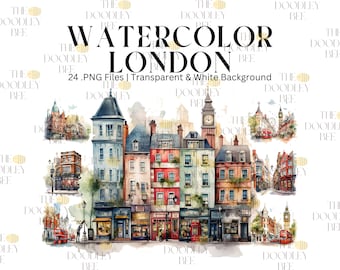 The Magic of London, A Water color Clipart Pack of Famous City Sights , 24 London Clipart, London illustration images, commercial use, deco