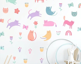 Cute Cartoon Cat Wall Stickers – Colorful Flowers & Butterflies for Girls' Room or Nursery Decor - cute Nursery Kids Room Decor for Girls