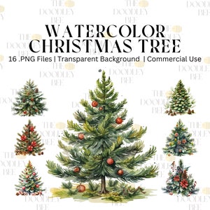 Watercolor Christmas Tree Clipart Bundle 16 High Quality PNGs, Merry Christmas, Digital Download, Card Making, Digital Paper Craft Christmas