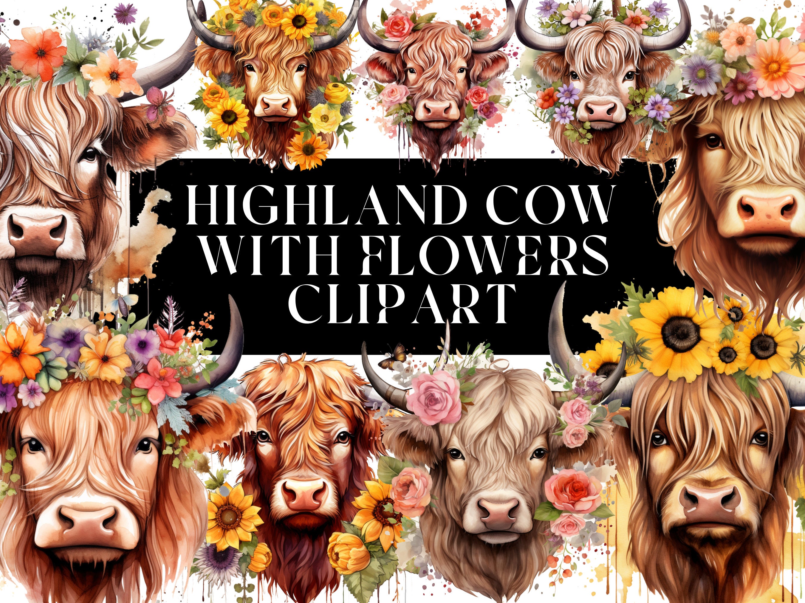 20 Highland Cow With Flowers Watercolor Clipart Bundle for - Etsy