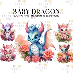 Watercolor baby dragon clipart, Fairy tale clipart bundle, Beautiful fantasy animal clipart, Cute dragon in flowers, Card making, commercial