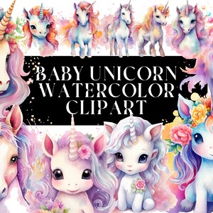 24 Pacote de clipart em aquarela de unicórnio bebê para uso comercial - download instantâneo - para uso em pequenas empresas - unicórnio/unicórnio bebê/aquarela