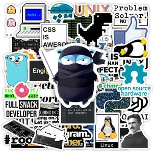 May include: A collection of colorful stickers featuring computer-related themes. Includes a ninja character, a penguin, a dinosaur, and text like "CSS IS AWESOME" and "open source hardware".