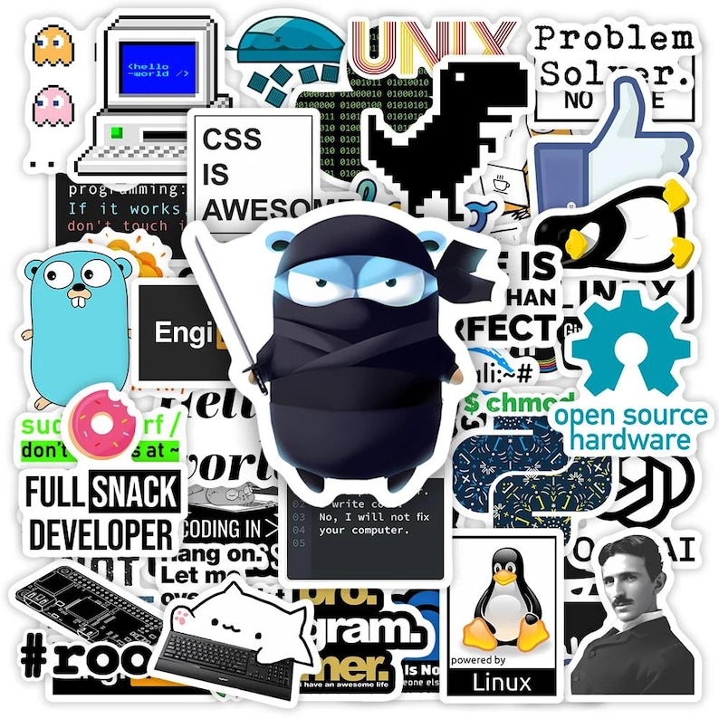Op de afbeelding: Een verzameling kleurrijke stickers met computerthema's. Bevat een ninja-personage, een pingu&iuml;n, een dinosaurus en tekst zoals "CSS IS AWESOME" en "open source hardware".