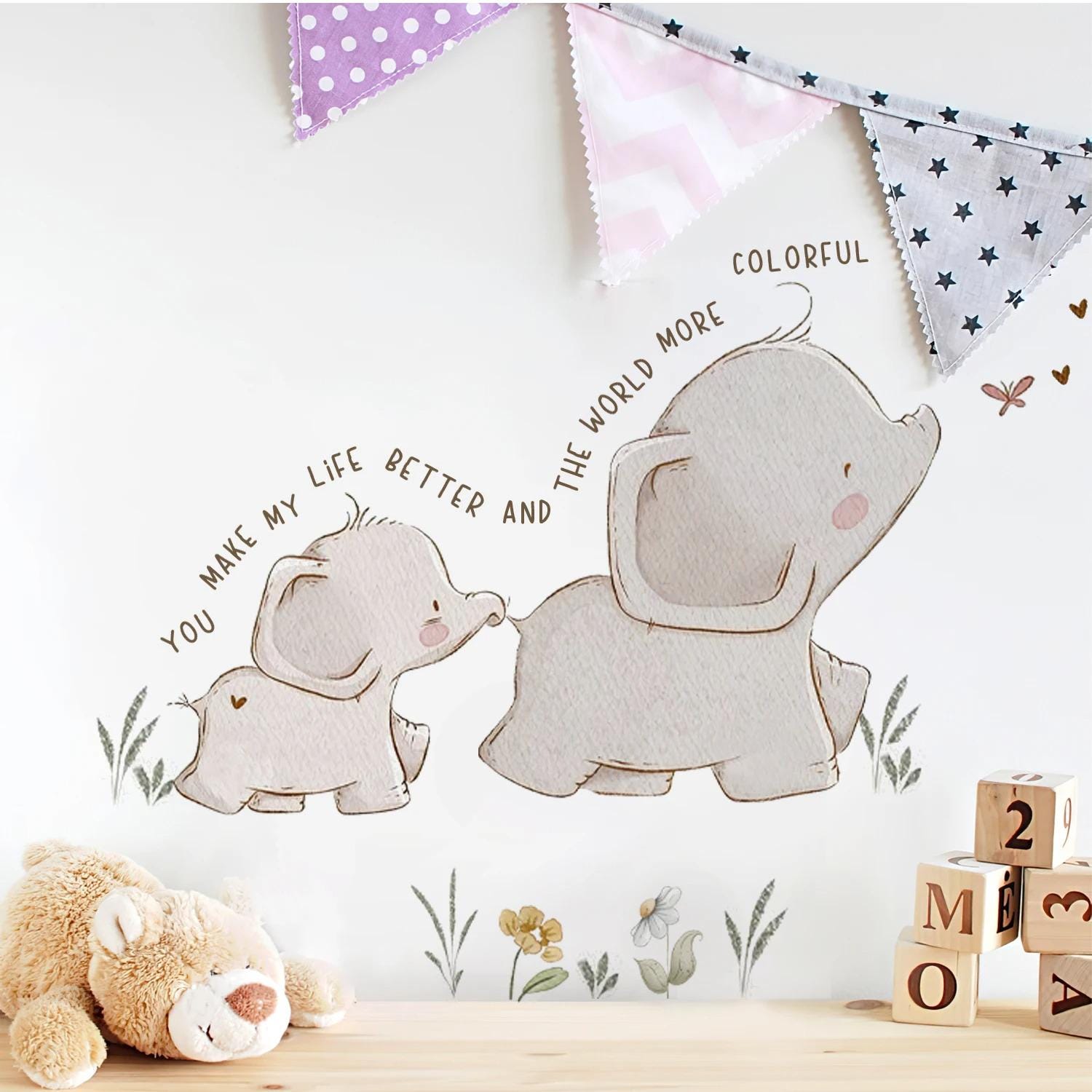 Cute Cartoon Baby Elephant & Butterflies Wall Decal – Removable Nursery ...