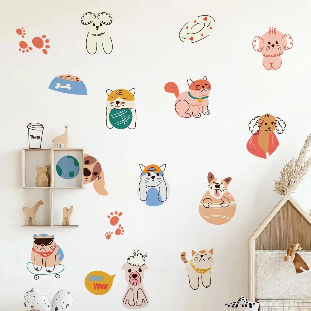Cartoon Cute Kitten & Puppy Wall Stickers – Simple Line Animal Vinyl ...
