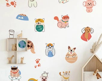 Cartoon Cute Kitten & Puppy Wall Stickers – Simple Line Animal Vinyl Decals for Kids Room, Nursery, Bedroom, Playroom  Home Decor