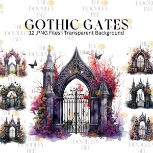 Watercolor Gothic Gates and palace Scene Clipart ,12 watercolor garden PNG format instant download for commercial use, digital download