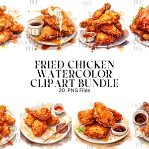 20 poulet frit aquarelle clipart PNG bundle, utilisation commerciale, téléchargement numérique, transparent, planificateur numérique, Sublimation, décoration d'intérieur