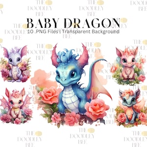 10 Watercolor baby dragon clipart, Fairy tale clipart bundle, Beautiful fantasy animal clipart, Cute dragon, Card making, Scrapbook- 10 PNGs