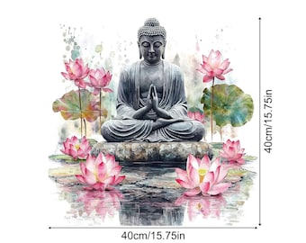 Watercolor Buddha & Lotus Flower Wall Sticker – Spiritual Vinyl Decal for Yoga Room, Meditation Space, Living Room, Bedroom Office Decor