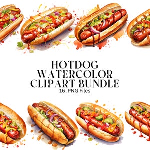 Hotdog watercolor clipart 16 PNG bundle for commercial use - instant download - high resolution - transparent background