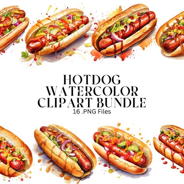 16 hotdog watercolor clipart PNG bundle for commercial use - instant download - high resolution - transparent background