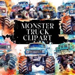 22 Pacote de clipart em aquarela de caminhão monstro para uso comercial - download instantâneo - aquarela / clipart / caminhão monstro / download instantâneo