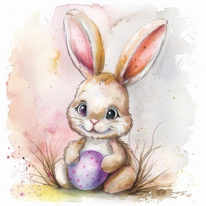 12 Digital Download Watercolor Easter Bunny With Egg Clipart, PNG Spring Clipart, Easter, Easter Bunny, Floral Bunny Clipart, Commercial Use