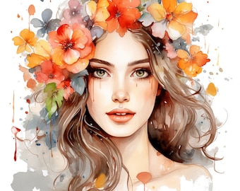 Watercolor young woman clipart, 10 Flower faces clipart bundle, Beautiful girl model, Boho clipart, Fashion illustration, Paper craft, print