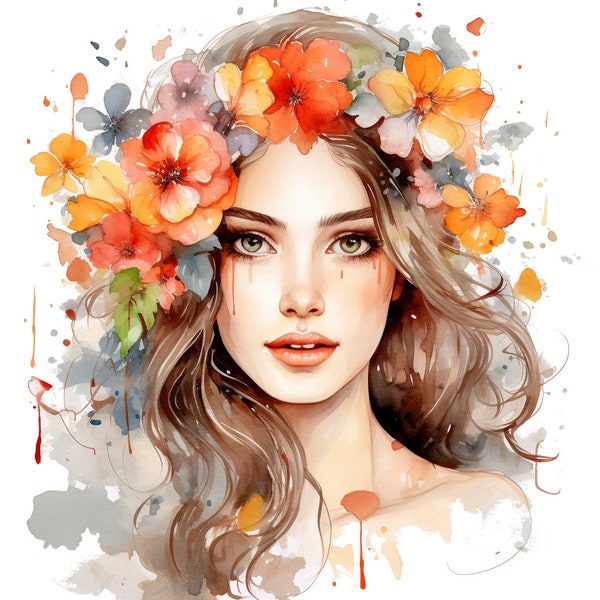 Watercolor young woman clipart, 10 Flower faces clipart bundle, Beautiful girl model, Boho clipart, Fashion illustration, Paper craft, print