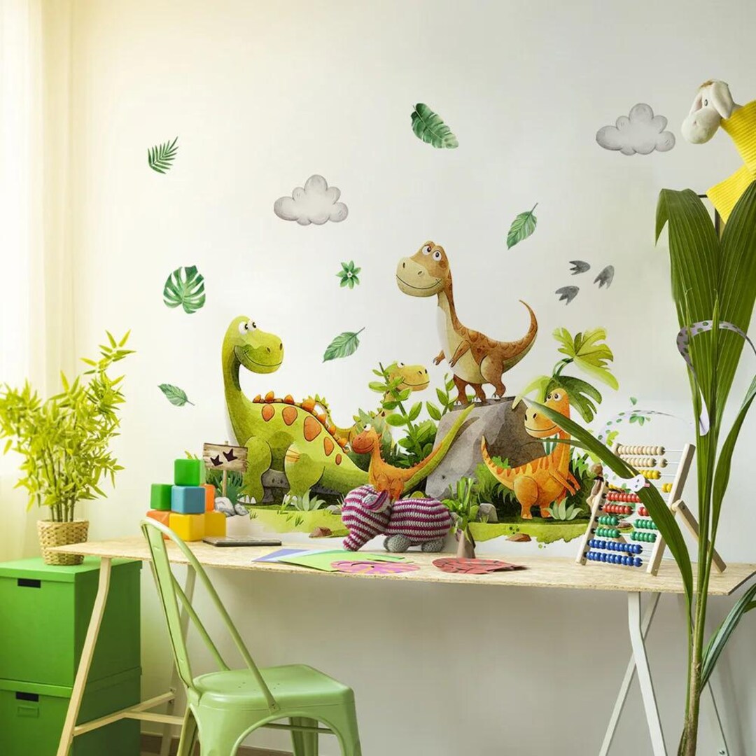 Cartoon Jungle Dinosaur Wall Stickers – Self-adhesive Dino Mural Decals ...