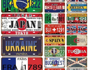 Vintage Country Flag Tin Sign License Plate – Decorative Metal Wall Plaque for Home, Bar, Restaurant – France, Spain, Germany, Mexico, USA
