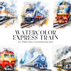 12 Paquete de imágenes prediseñadas de trenes expresos de acuarela, uso comercial, PNG de alta calidad, Descarga digital, Fabricación de tarjetas, Artesanía de papel digital, Impresión