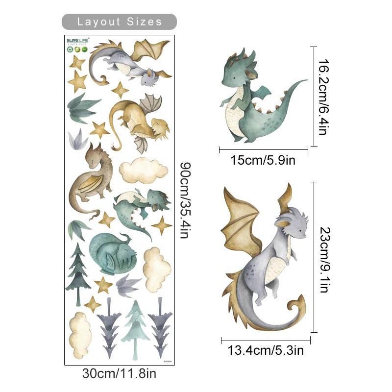 Watercolor Dragon Wall Decals Cute Cartoon Dragon, Clouds Stars Nursery ...