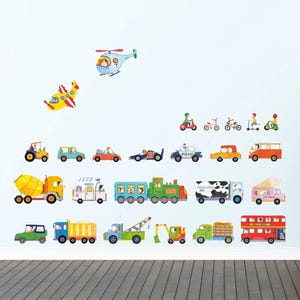 May include: A set of colourful vehicle wall stickers, featuring a yellow aeroplane, a blue helicopter, cars, trucks, a train, and a double-decker bus. These decals are designed for children's bedrooms and feature cartoon illustrations.