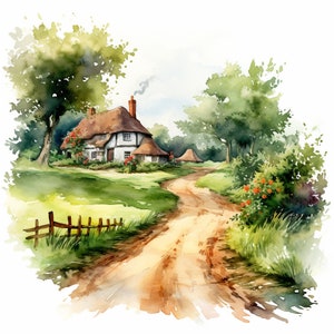 Country Lanes Clipart, Set-2, 10 JPGs de alta qualidade Arte em aquarela, Criação de cartão para download digital, Mídia mista, Comercial de artesanato em papel digital