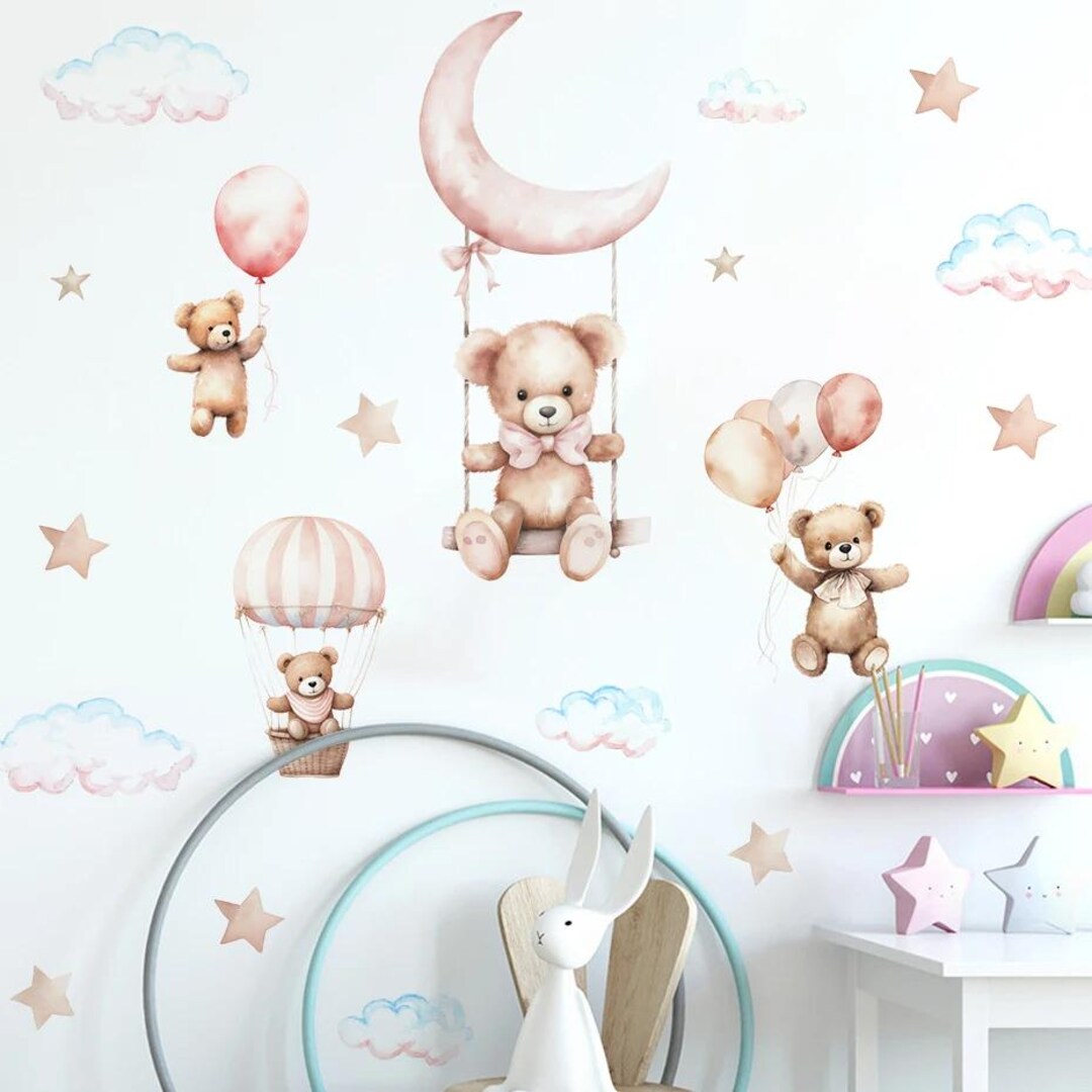 Watercolor Bear Hot Air Balloon Wall Stickers Blue Cloud Nursery Wall ...