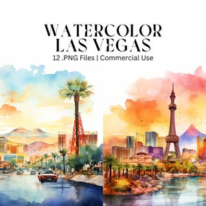 12 imágenes prediseñadas de Las Vegas en acuarela, 12 JPG de alta calidad, Uso comercial, Descarga instantánea, Ilustración de Las Vegas, Imágenes prediseñadas de vacaciones, Viajes de verano