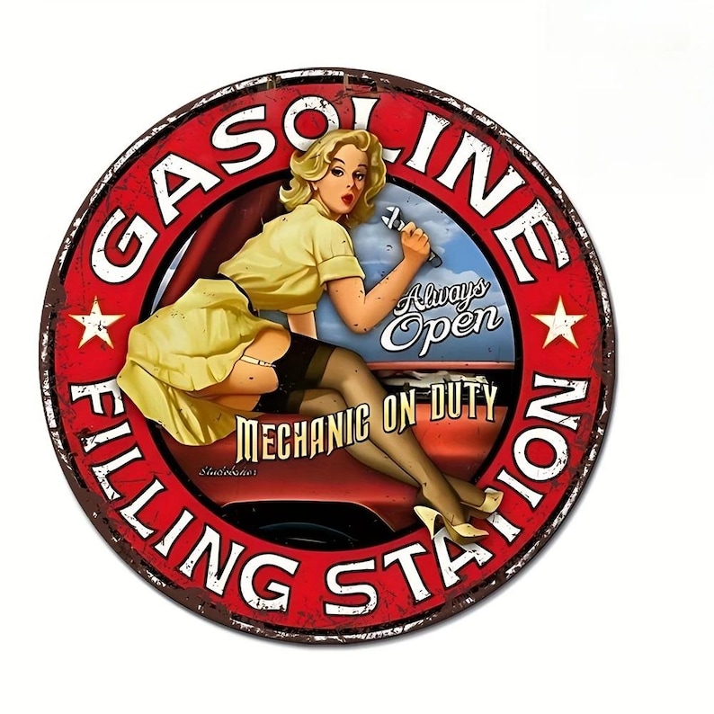 Garage Gas Station Metal Sign – Vintage Round Aluminum Wall Art for Bar ...